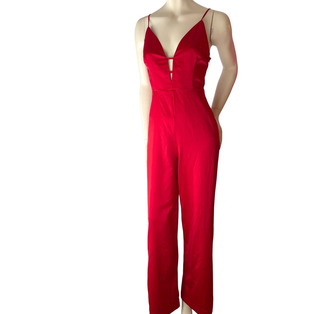 Dynamite Red Satin Jumpsuit Deep V Cutout Back Wide Leg Party Glam XS